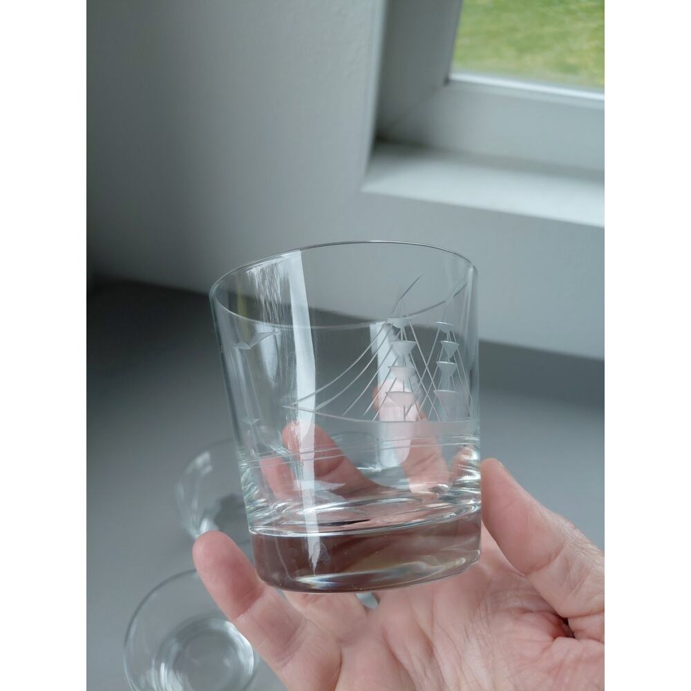 4 Crystal Clipper Bar Glasses Rock Etched Ships Double Mast Schooner Dadcore VTG - Picture 3 of 6